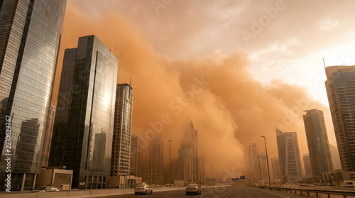 A sandstorm is swallowing the city of high-rises.