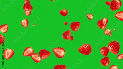 Moving Fresh Strawberries on Green Screen Background, Vibrant Fruit Motion for Food Advertising, Recipe Videos, Culinary Promotions, Fresh Produce Content and Creative Media Projects