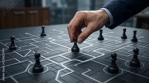 Businessman hand moving chess piece on a digital circuit board game table.