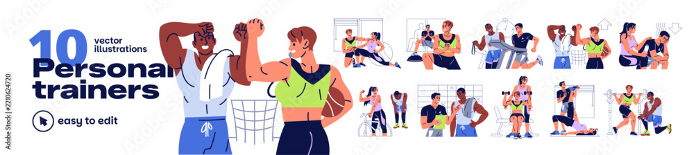 Obraz premium Personal trainers set. Trainers of fitness gym are training people. Individual sports workout with coach. Characters do physical exercises in fitness gym. Coach helps men and women to keep fit