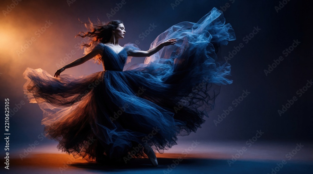Obraz premium Elegant ballerina in big blue fluffy dress performs expressive dance move. Young woman moves gracefully with flowing tulle skirt in dark studio. Dramatic light creates magical atmosphere for artistic