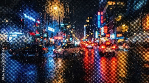 Rainy night city street view with blurred traffic lights and colorful neon signs reflecting on wet asphalt road surface