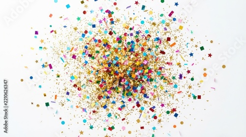 Colorful confetti explosion with glitter, sequins and streamers bursting on white background, festive party and celebration overlay isolated effect