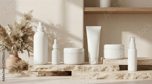 Blank white skincare cosmetic bottles, tube and cream jars on stone podium with dried pampas grass in beige interior, minimal beauty product branding mockup