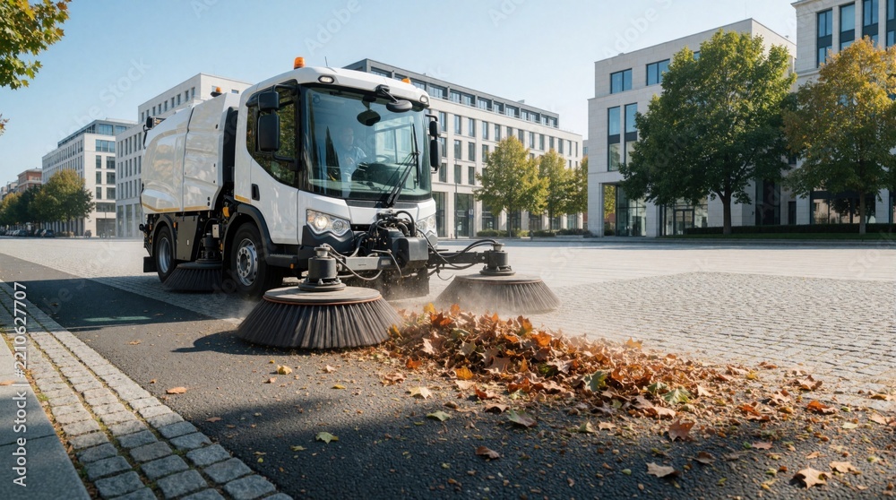 Obraz premium Modern street sweeper vehicle cleans urban paved plaza. Industrial cleaning machine uses rotating brushes to remove fallen autumn leaves, dust. Large white sweeper works on city street near tall