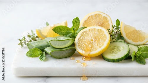 Fresh sliced lemon, cucumber and mint leaves with honey drizzle on white marble board