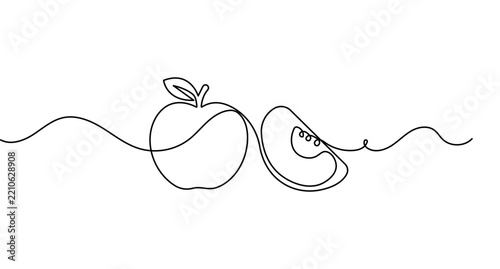 Showing apple and slice continuous one line art style design with editable stroke.