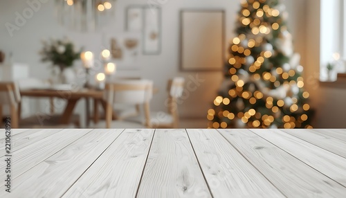 Christmas decorated living room with illuminated tree and wooden