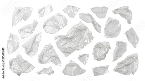 Collection of crumpled plastic wrap pieces isolated on transparent background