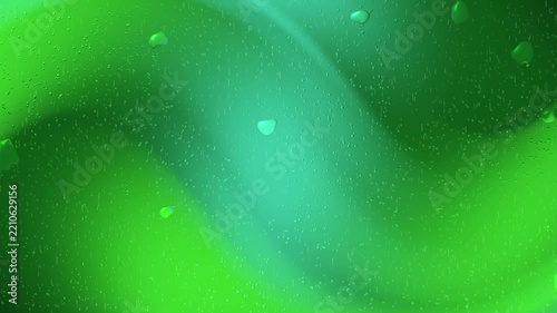 Green gradient backdrop with soft wavy light patterns, dew droplets, and scattered particle textures. Ideal for naturethemed designs or calming visuals.