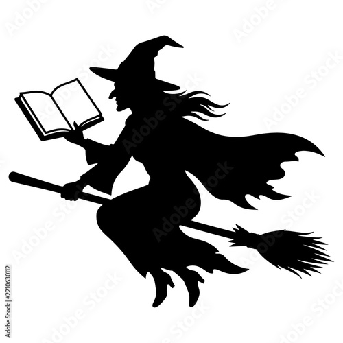 Witch Flying with Magic Book Silhouette 