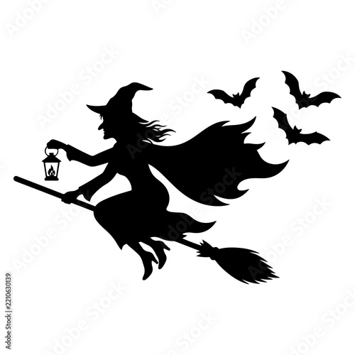 Flying Witch with Bats Black Silhouette 