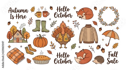 Cute hand drawn autumn doodles set with fox pumpkin turkey and fall elements
