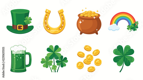 Diverse collection of vibrant St. Patrick's Day symbols representing Irish luck, celebration, and festive designs