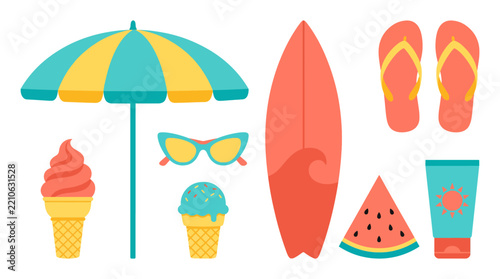 A delightful set of summer vacation essentials, including beach gear, refreshing treats, and sun protection elements for warm weather enjoyment