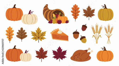 Autumn harvest Thanksgiving icons pumpkins, turkey, pie, fall leaves, and cornucopia for celebrations