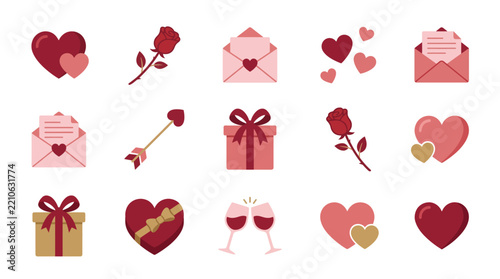 Valentine's Day icons with hearts, roses, gifts, and envelopes in a charming pink and red palette
