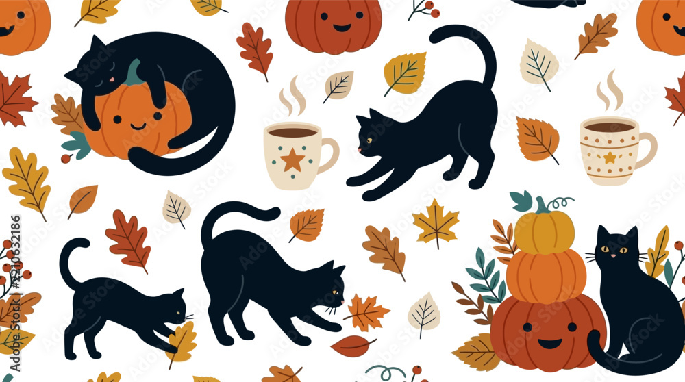 Obraz premium Seamless autumn pattern featuring playful black cats, smiling orange pumpkins, colorful fall leaves, and steaming beverage mugs on a white background for seasonal holiday backgrounds.