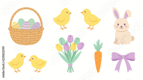 Easter Spring Elements Including Chicks, Bunny, Tulips, Basket of Eggs, and Carrot