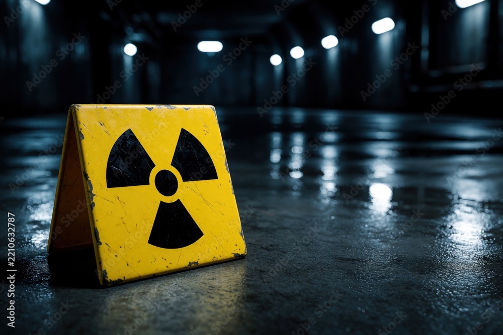 Fototapeta premium Yellow radiation warning sign sits on wet dark floor in empty basement. Radioactive symbol marks hazard area in industrial tunnel bunker. Caution sign alerts about nuclear danger, toxic risk,