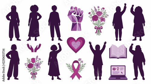 Silhouettes of women and symbols of empowerment and support, celebrating feminism