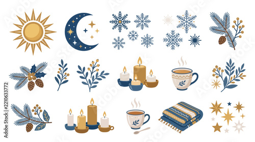 Winter elements and festive decorations, a collection of cozy and decorative seasonal illustrations