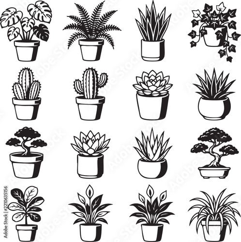 Set of black and white potted house plants simple flat vector design elements for home decor and botanical themes isolated on white background