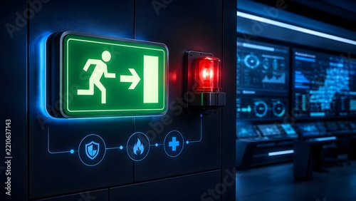 Glowing green emergency exit sign and red alarm beacon in a modern high tech control room