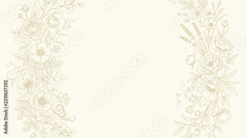 Elegant Floral Line Art Border Frame with Delicate Flowers and Leaves for Wedding Invitations and Greeting Cards