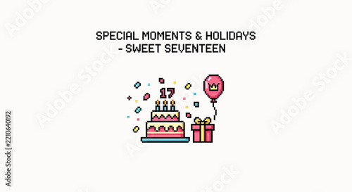 Birthday cake with gifts and balloon.