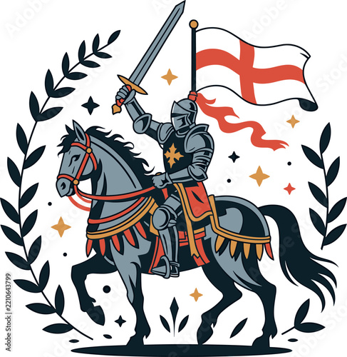 Medieval knight on horse raising union jack flag in heraldic celebration with laurel wreath border.