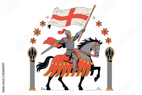 Medieval knight on horse raising union jack flag in heraldic celebration with laurel wreath border.