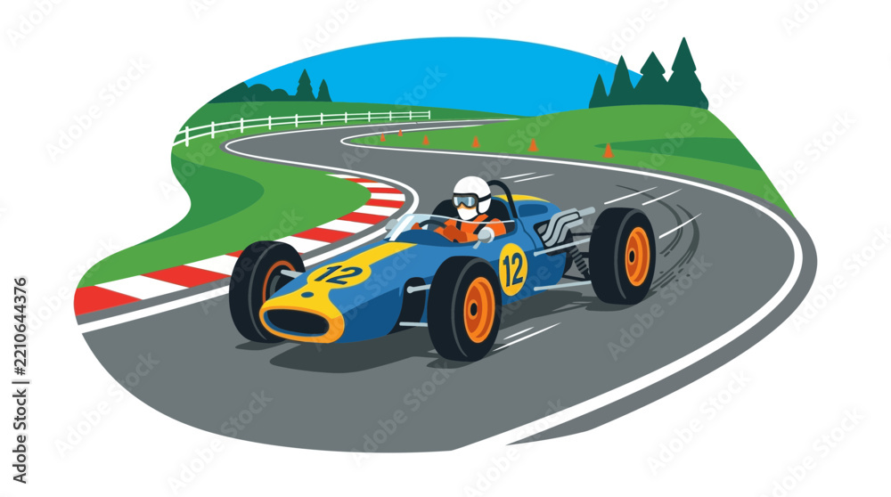 Obraz premium Vintage Formula 1 Car Racing on Track, Driver in Helmet, Retro Motorsport