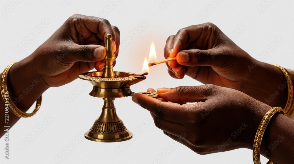 Obraz premium Close up of dark hands lighting traditional brass oil lamp with matchstick. Person ignites wick for Hindu religious ceremony Diwali festival. Golden diya lamp glows with warm flame for spiritual