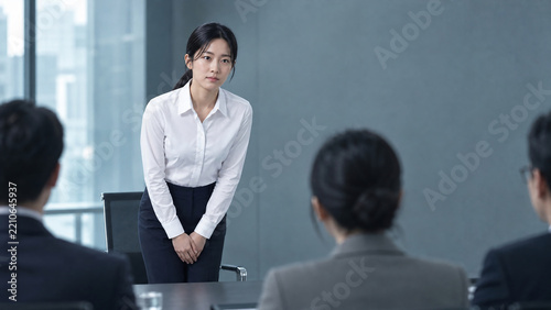면접관 앞에서 인사하는 젊은 여성 지원자 · Young Woman Bowing Politely to Interviewers at Job Interview