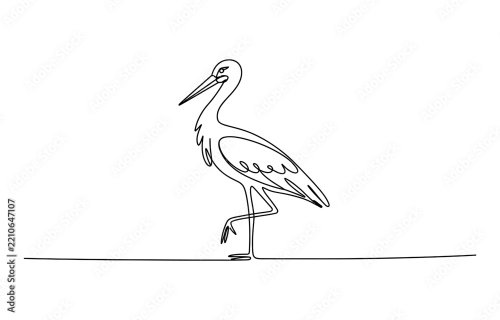 Obraz premium Continuous single line drawing of a stork bird standing on one leg