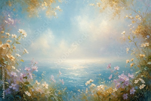 Ethereal watercolor painting shows dreamy seascape with blooming spring flowers. Soft blue sky meets calm ocean water under misty light. Beautiful floral frame with wild blossoms surrounds scenic