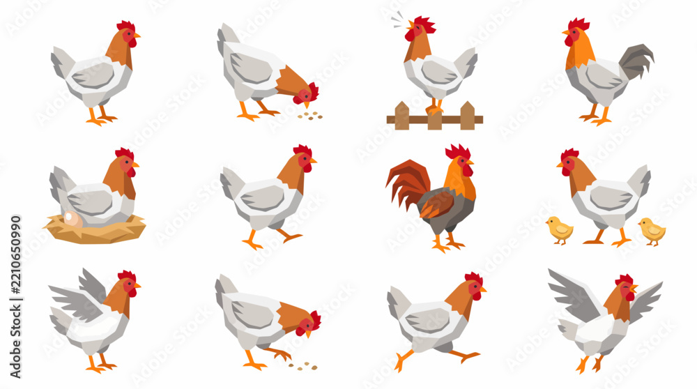 Obraz premium Cartoon illustrations of chickens, roosters, hens, and chicks in various poses and activities on a white background.