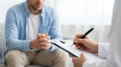 Stressed man talking with a psychologist during talking therapy for mental health at office