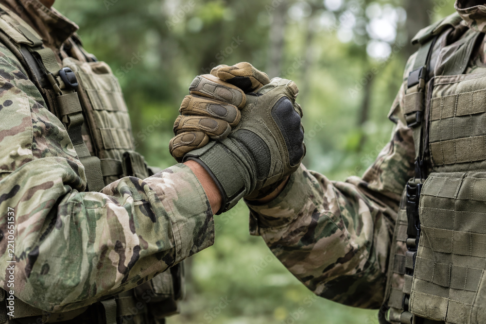 Fototapeta premium Close-up of two soldiers in camouflage uniform and tactical vests clasping gloved hands in firm handshake outdoors in forest, military trust and cooperation concept