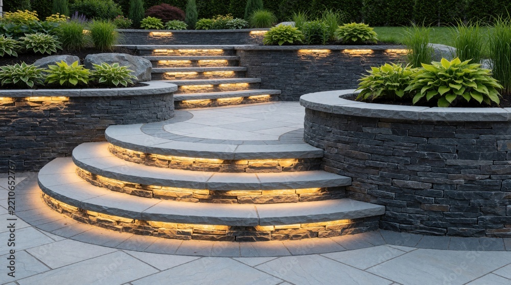 Obraz premium Modern stone retaining wall with integrated LED cap lighting. Tiered patio stpic lead through rich garden with green plants. Luxury backyard landscaping features curved masonry stairs, illuminated