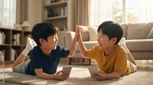거실 바닥에 엎드려 하이파이브하는 두 소년 · Two Boys High-Fiving While Lying on Living Room Floor