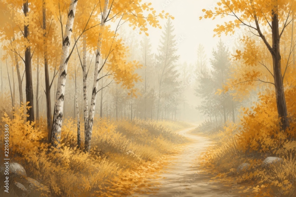 Fototapeta premium Misty autumn forest path with golden foliage