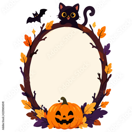 Halloween Black Cat and Pumpkin Decorative Frame with Autumn Leaves