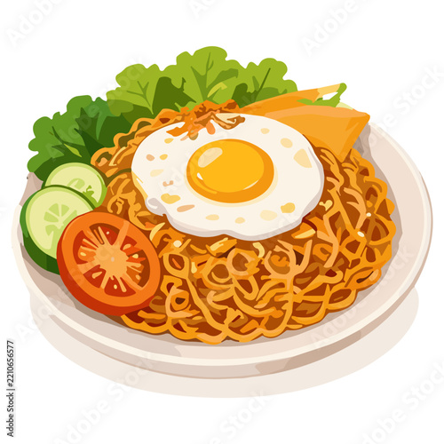Indomie Asian Stir Fried Noodles with Egg Vegetables and Tomato Food Illustration
