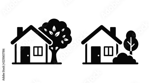 House with tree and house with shrub vector icons on a white background