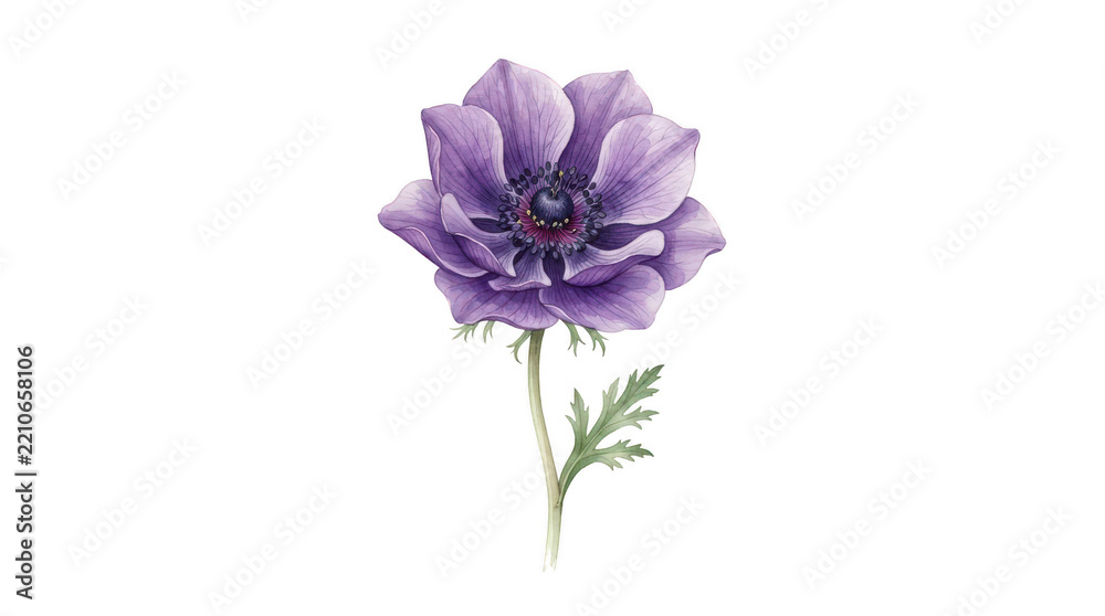 Obraz premium Beautiful purple anemone flower with green stem and leaves painted in a soft watercolor style