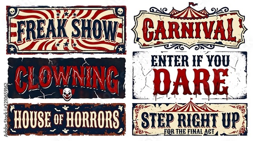 Vintage carnival horror signs featuring freak show and clown themes on banners.