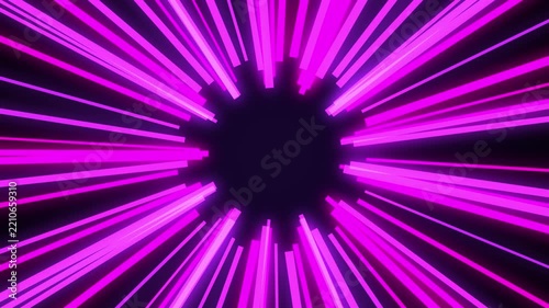 Abstract background with bright purple neon light rays radiating from a dark center.