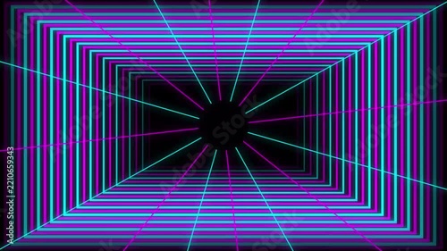 Abstract neon tunnel background with glowing rectangular frames and converging lines in dark space.